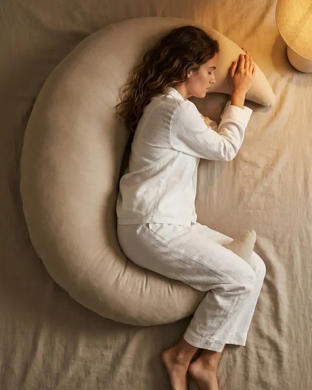A side sleeper curled into The Cove Classic on linen sheets