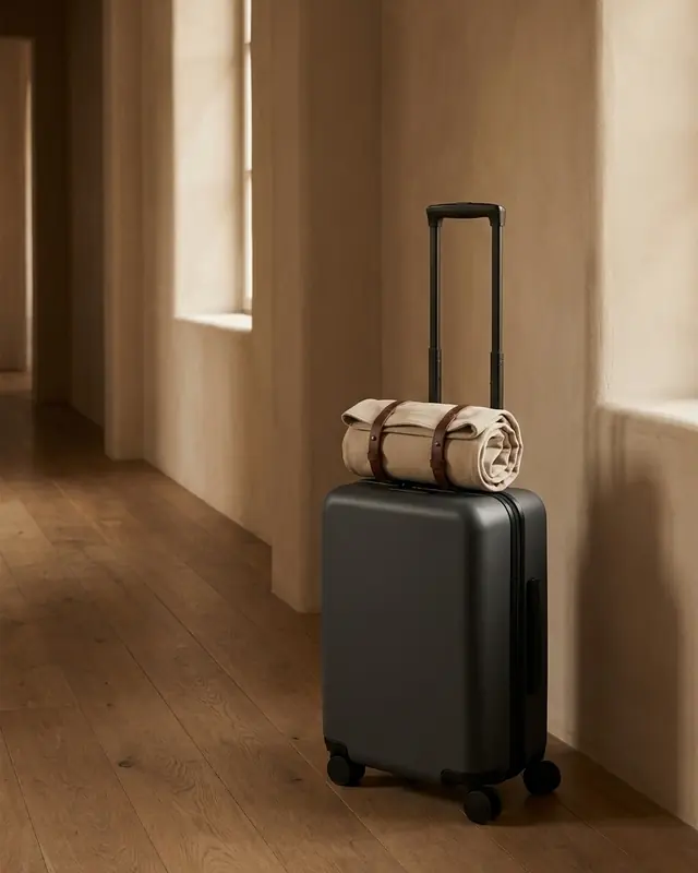 The Mini packed in its travel case, resting on top of a carry-on