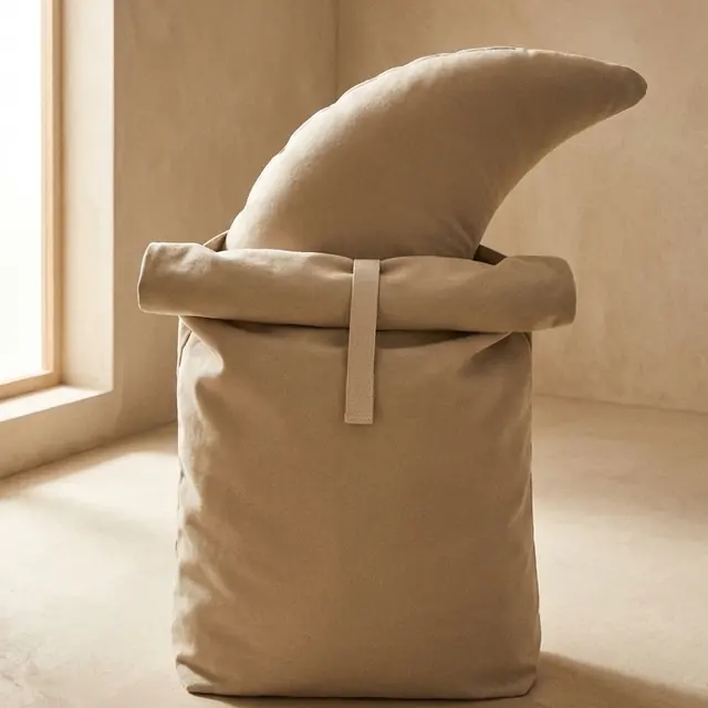 The roll-top travel case packed with The Cove Pregnancy Pillow Mini