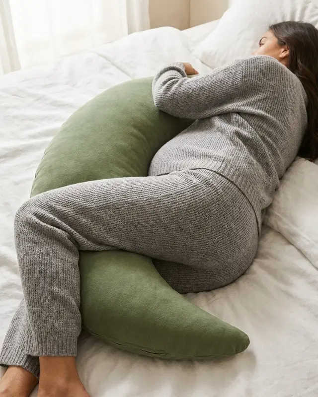 An expecting mother on her side, her bump in the middle of The Cove Pregnancy Pillow in Moss