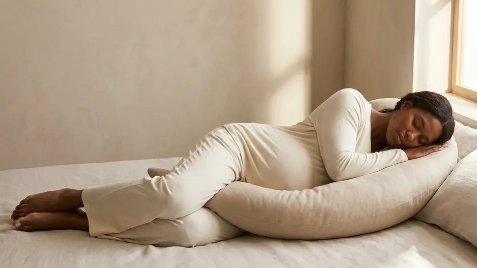 An expecting mother asleep on her side, her bump held in the curve of The Cove Pregnancy Pillow in Oat