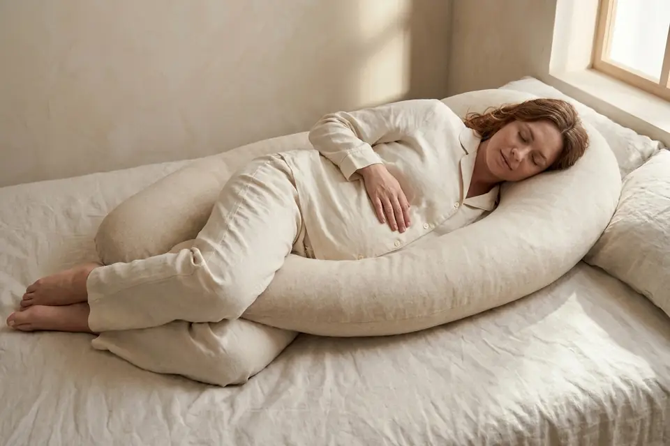 An expecting mother asleep on her side in The Cove Pregnancy Pillow in Oat: the upper tip under her head, the full middle holding her bump and the lower tip between her knees