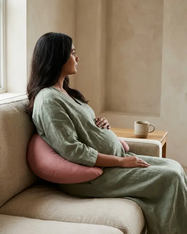 An expecting mother on a sofa with The Cove Pregnancy Pillow Mini behind her lower back