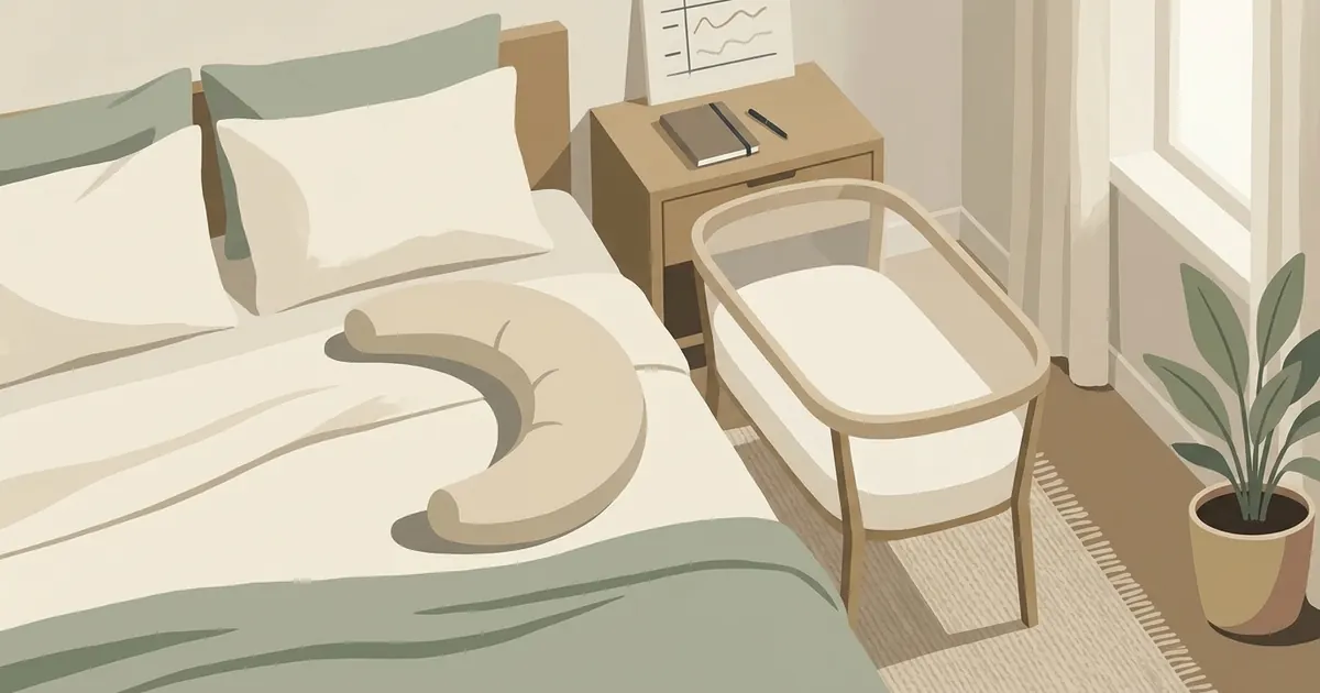 A tidy bedroom with a bassinet on one side and a neatly made adult bed with a crescent body pillow on the other