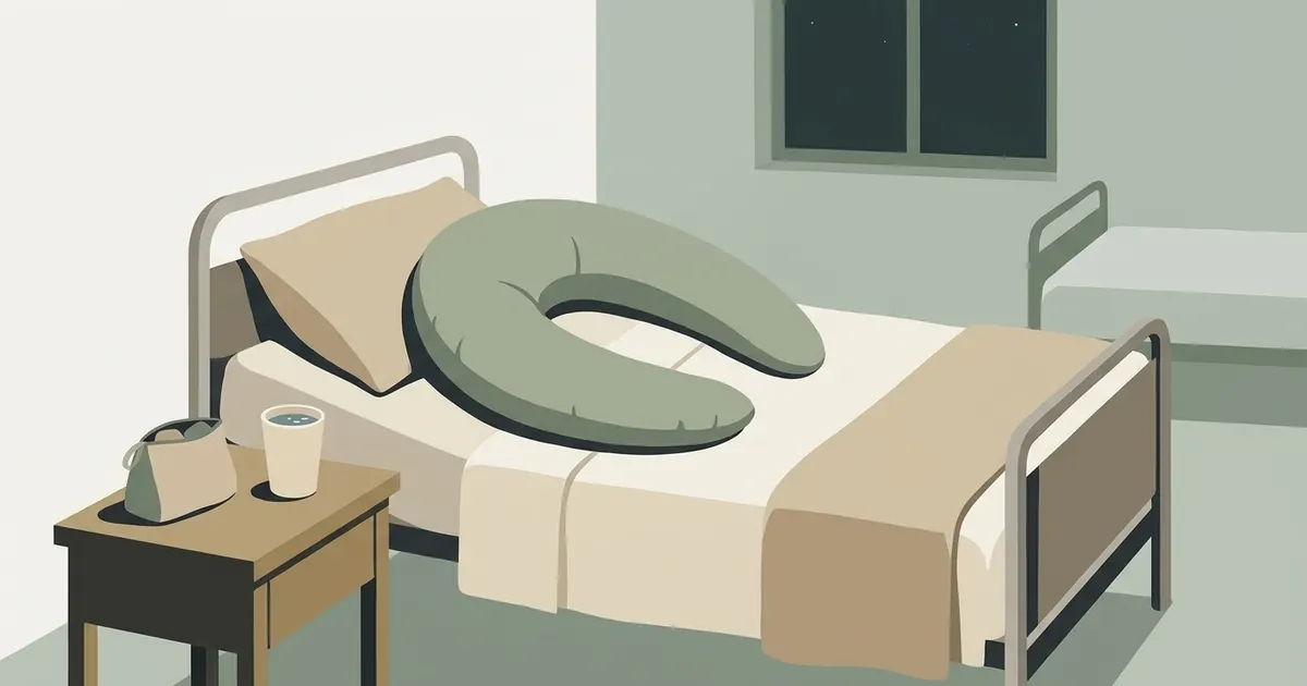 A hospital bed in a tidy antenatal ward bay, with a curved body pillow in a soft cover resting against the pillows, a small bag on the bedside table, and soft overhead lighting dimmed for night