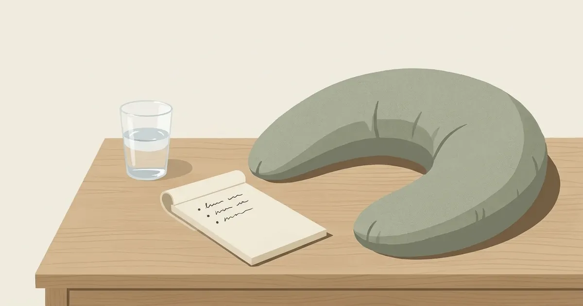 A notepad with handwritten preference notes beside a small crescent pillow and a glass of water on a bedside table