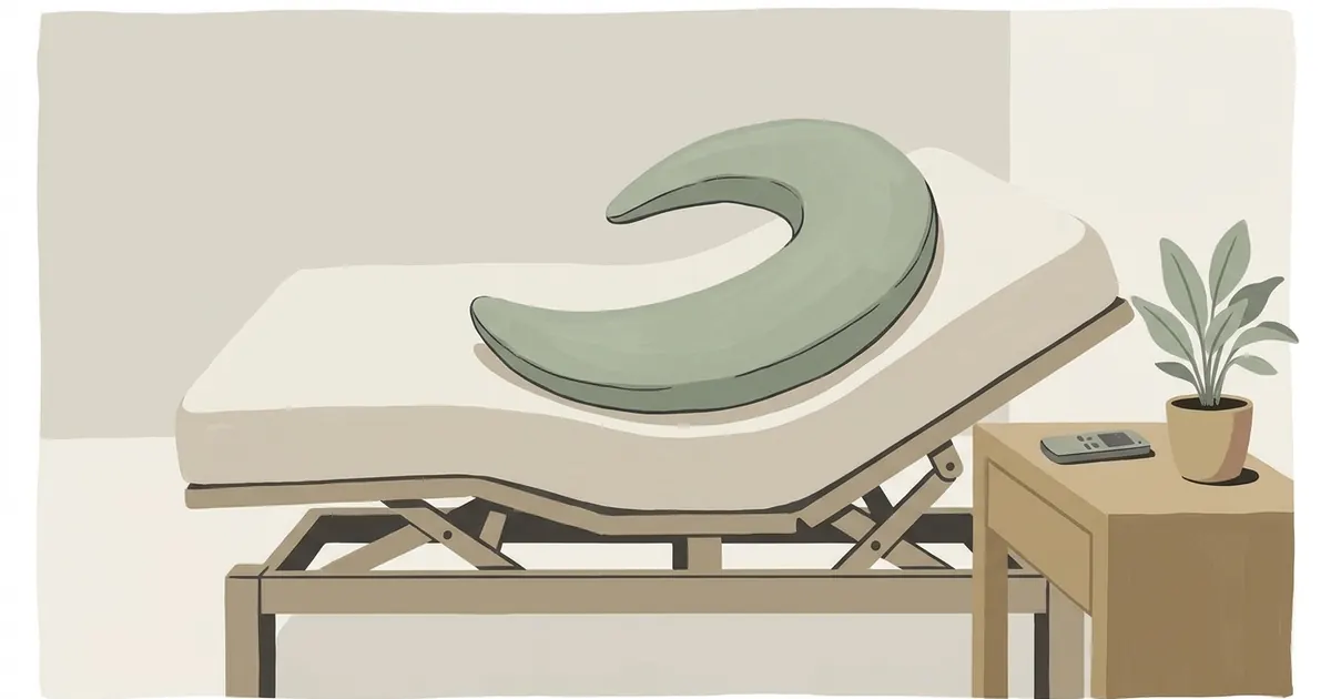 A crescent body pillow resting on a neatly made bed with an adjustable slatted base, shown with the head section slightly raised