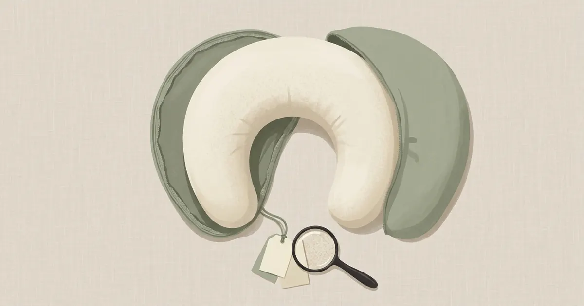 Close-up of certification hang tags and a label on a folded fabric pillow cover laid on a wooden surface
