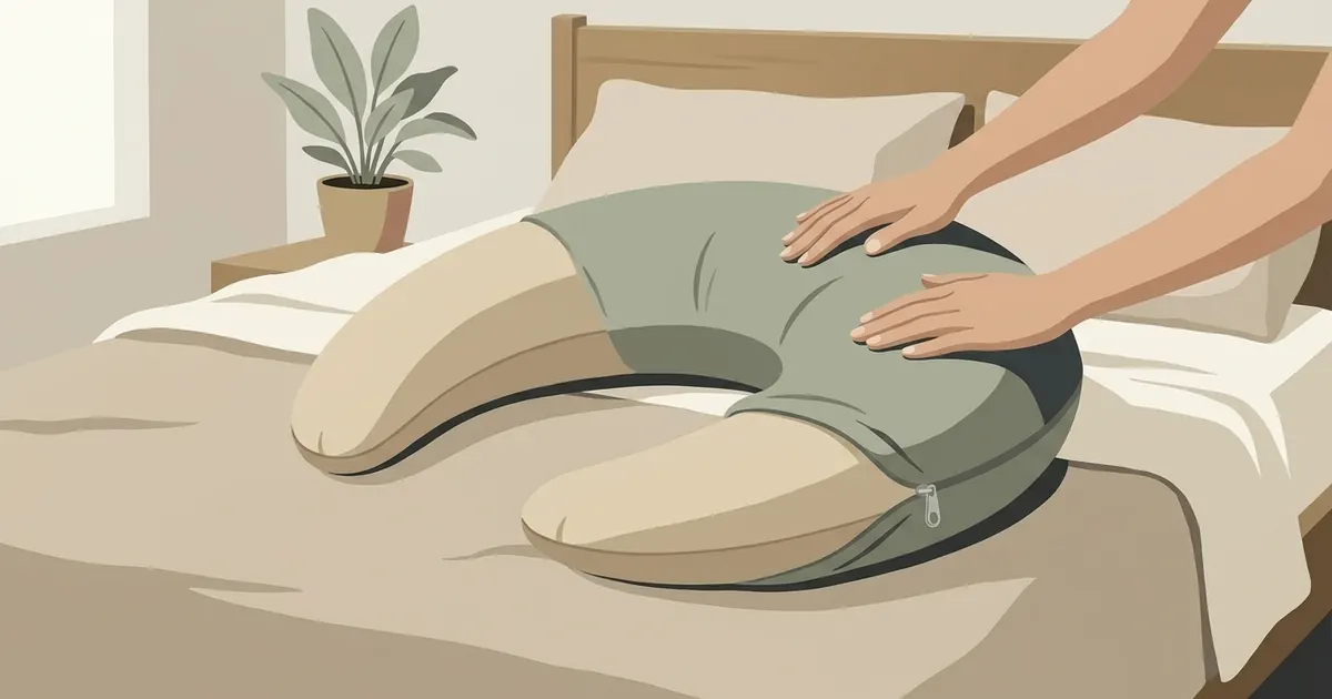 A crescent body pillow with a partially fitted cover laid flat on a white bed, showing even fabric distribution before the zipper is closed