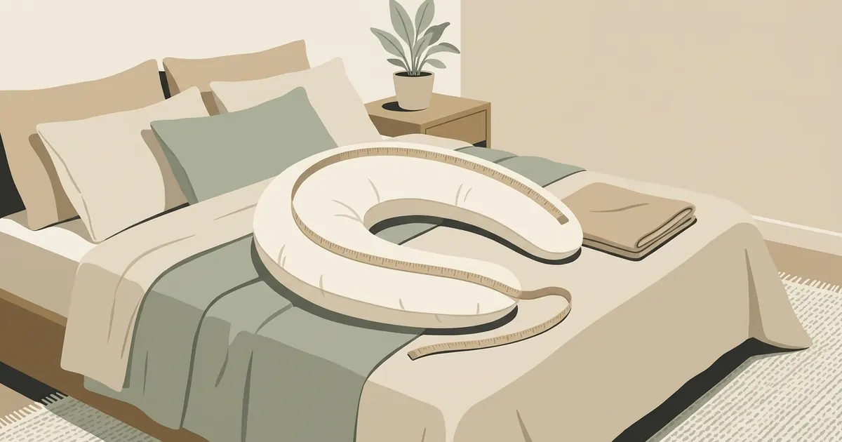 A crescent-shaped body pillow next to a folded pillow cover on a neutral linen bed
