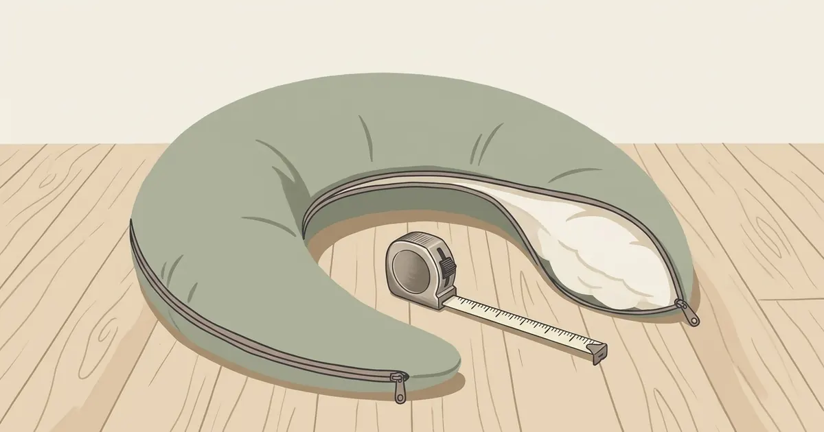 A crescent body-pillow cover laid flat on a wooden floor beside a tape measure and its removed pillow insert
