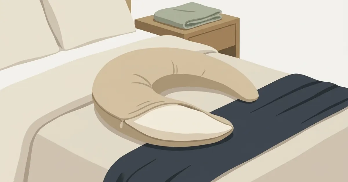 A crescent body pillow with its zip-off cover half removed, laid on a neatly made bed beside a folded spare cover