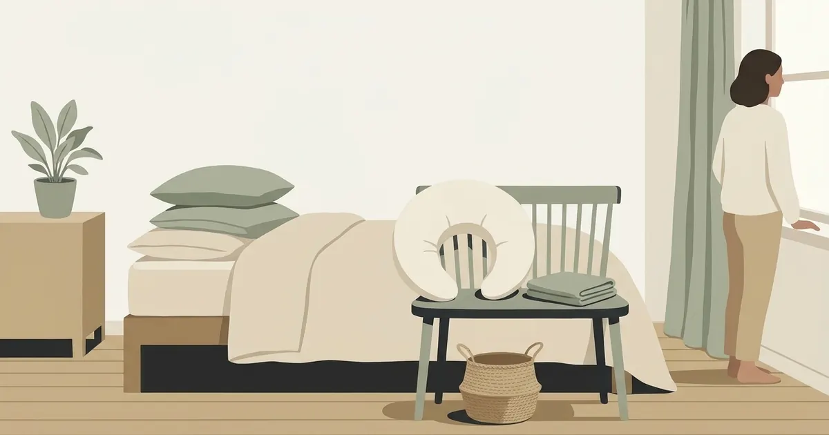 A neatly made guest bed with a crescent body pillow resting on top of folded bedding beside a spare folded cover