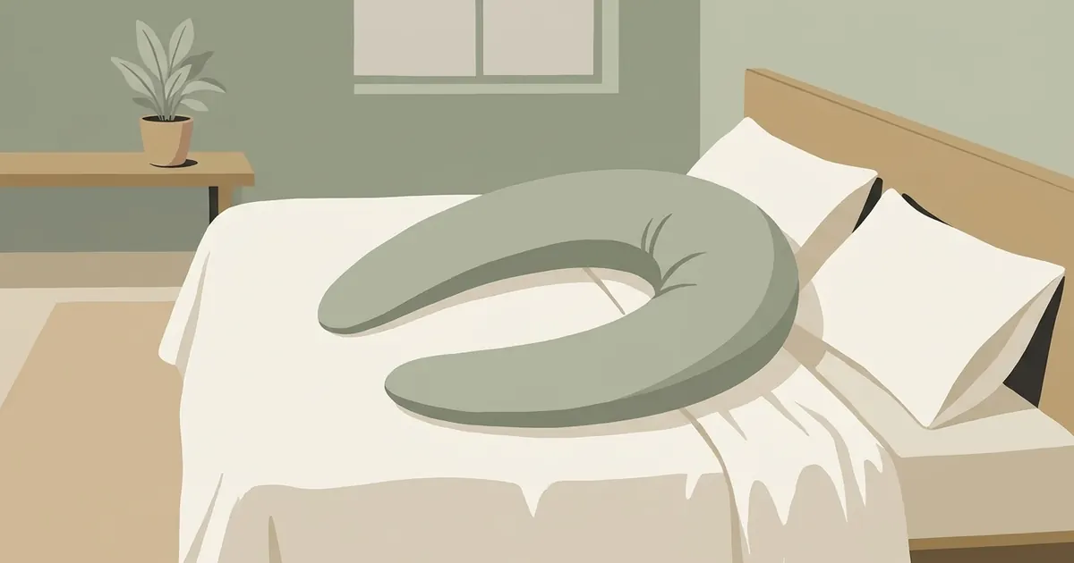 A neatly made hotel bed with several spare pillows arranged along one side, beside a small crescent travel pillow
