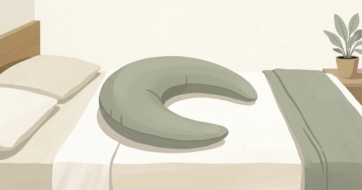 A crescent body pillow sitting neatly on a made bed with smooth sheets and no covers tangled around it