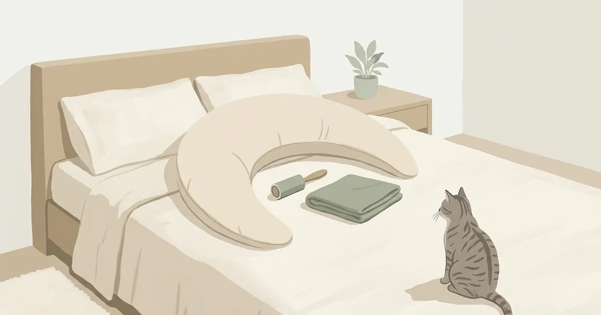 A crescent body pillow resting on a bed with a lint roller and spare pillow cover nearby, a cat visible in the background