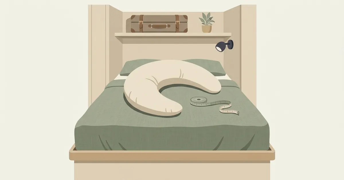 A neatly made RV bed with a crescent body pillow resting on top, compact storage visible beside it