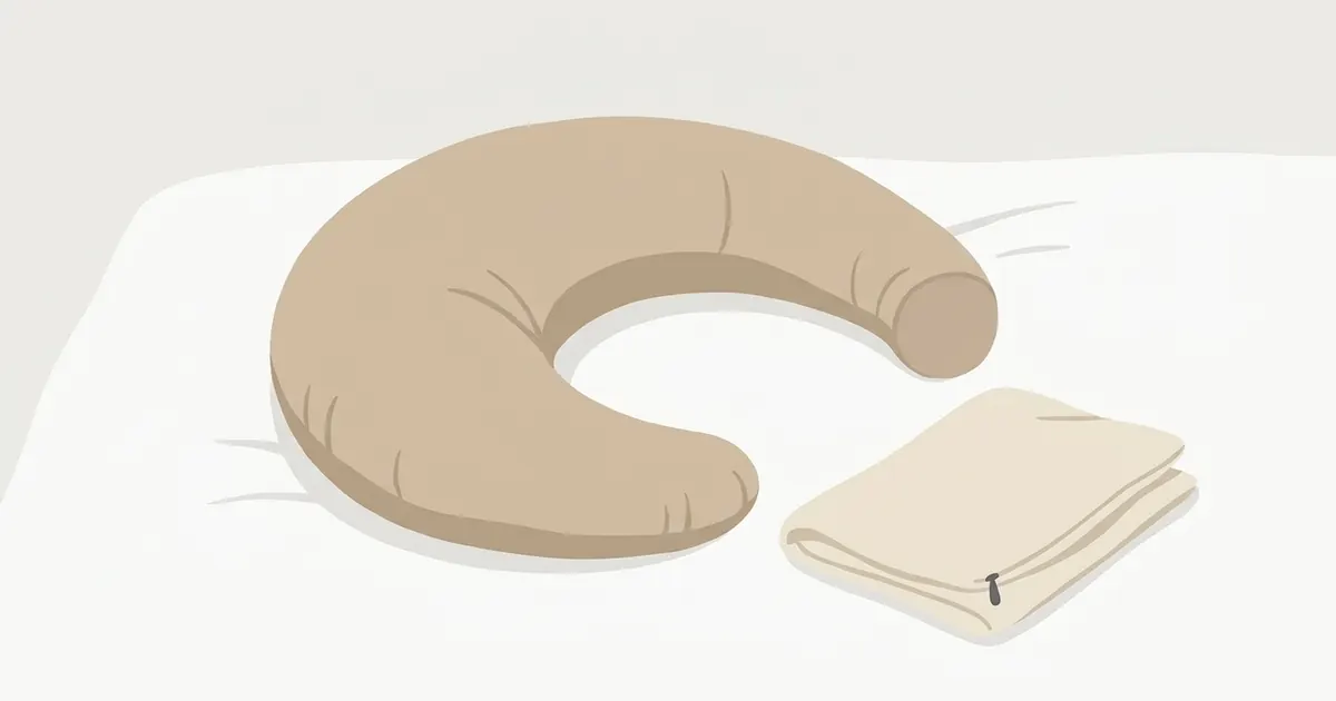 A crescent body pillow in a smooth fabric cover resting on a neatly made bed, with folded sheets beside it