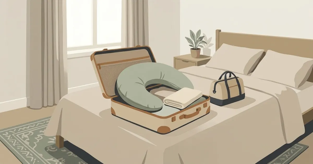 A crescent body pillow resting on top of a packed suitcase beside a tote bag, on a wooden floor near a front door