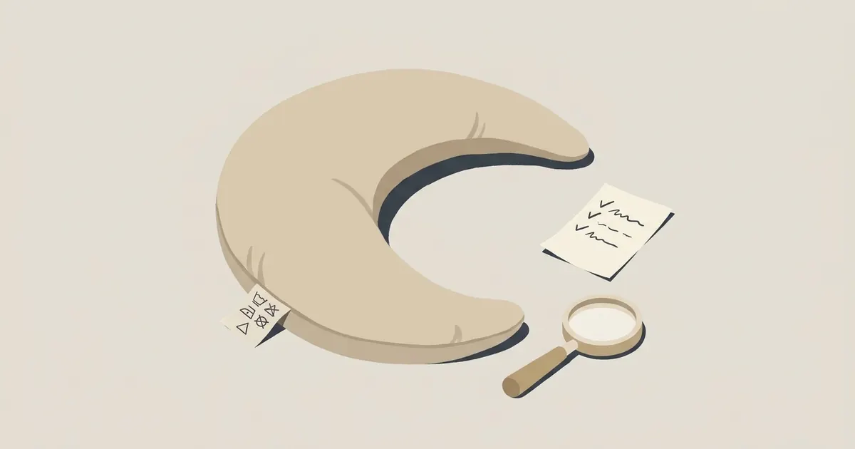 A used body pillow on a plain surface next to a care label and a measuring tape