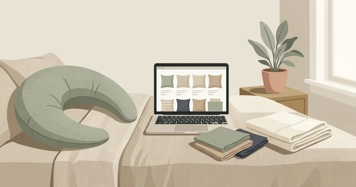 A laptop showing a body-pillow product page beside folded bedding samples in neutral and warm tones on a bed