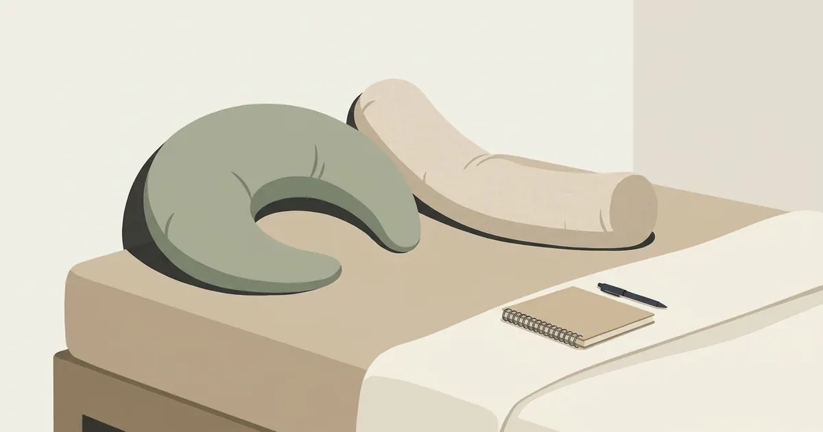 Two crescent body pillows laid side by side on a neatly made bed with a notepad and pen nearby