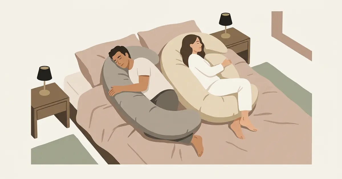A couple sleep back to back on opposite sides, each hugging a plump crescent pillow, one oat and one grey