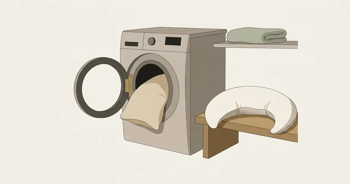 A pillow cover going into a front-loading washing machine, with the plump bare crescent pillow resting on a bench beside it