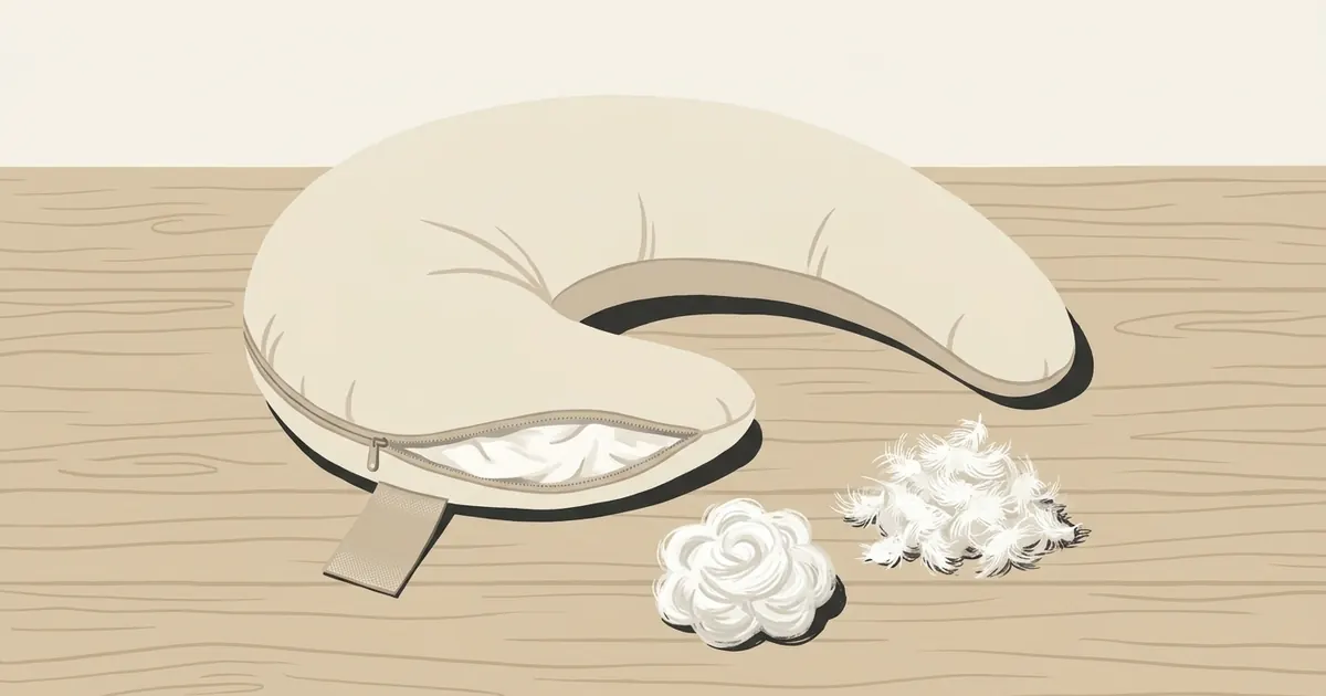 Close-up of a body pillow cross-section showing fluffy white fill next to a folded care label on a neutral linen surface