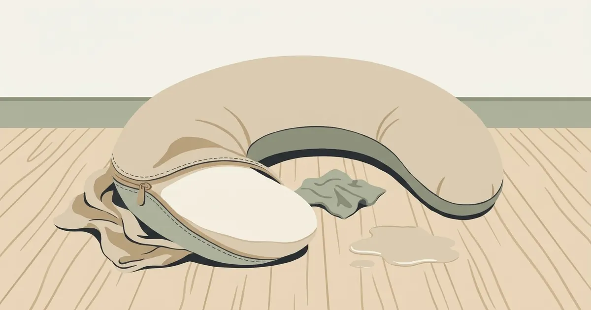 A crescent body pillow with its cover partially unzipped on a light wooden surface next to a tipped glass