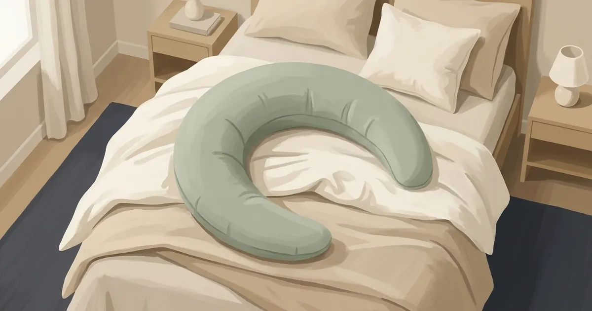 A neatly made bed showing a crescent body pillow resting on top of an undisturbed duvet with smooth fabric and no bunching
