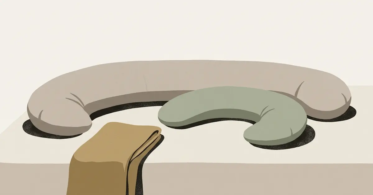 A long full-size grey crescent pillow and a shorter sage travel crescent pillow lying on a bed, seen from the side