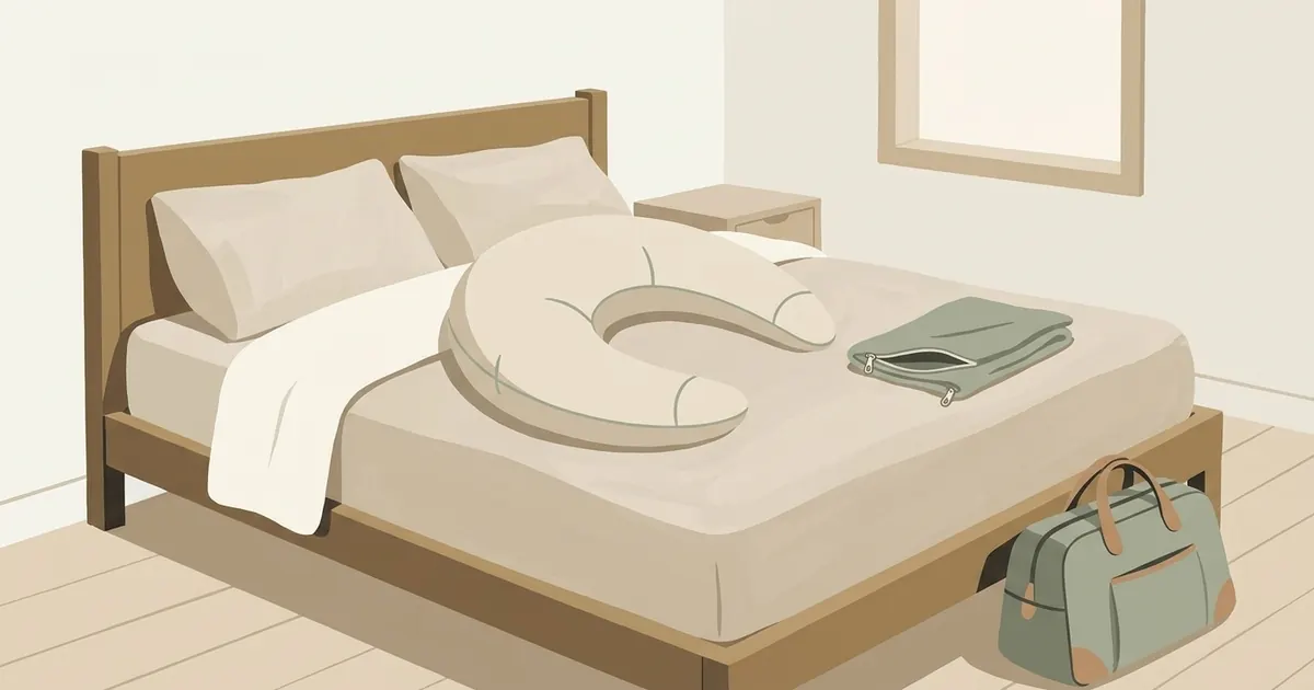 A large crescent body pillow on an unmade bed next to a folded cover, with a suitcase open on the floor nearby