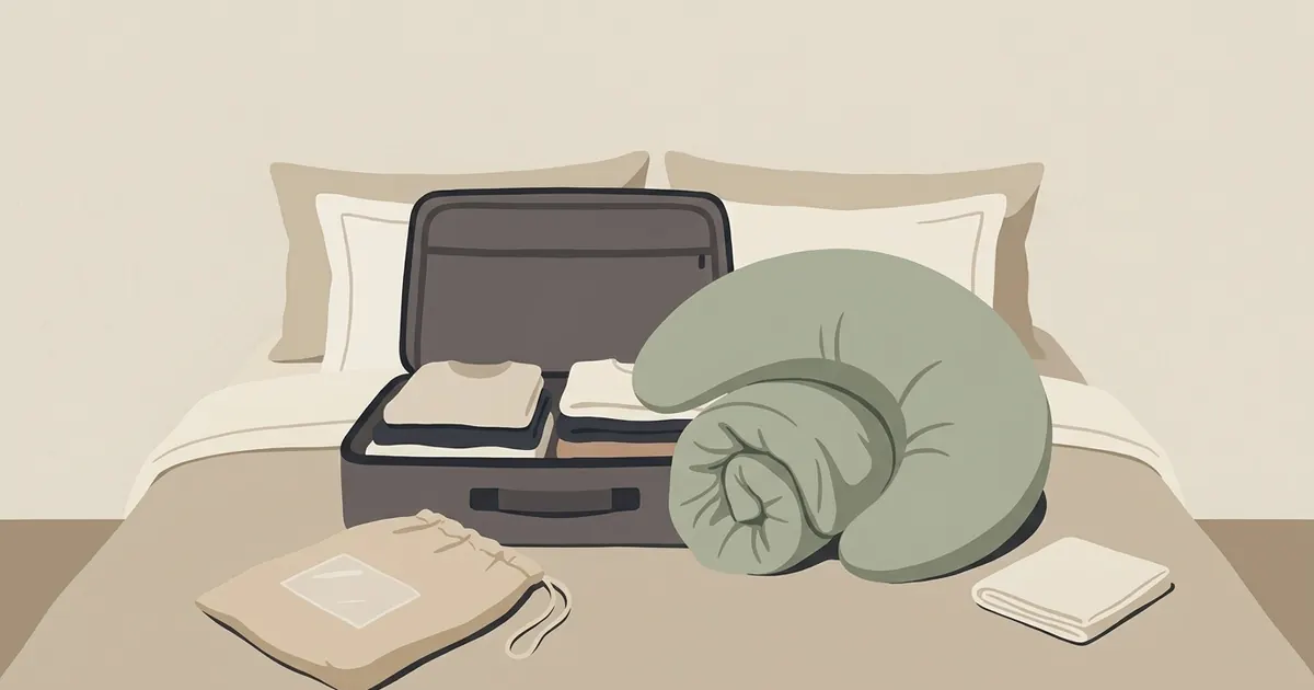 A crescent body pillow in a protective bag next to an open suitcase on a bed