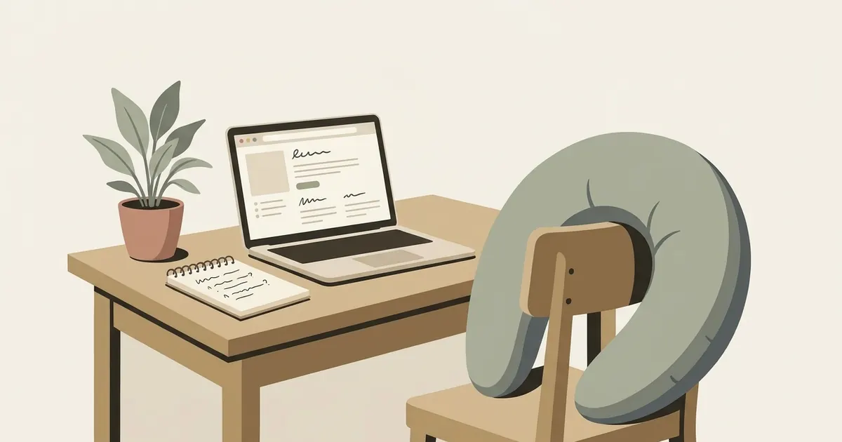 A laptop on a wooden desk showing a review page, with a crescent body pillow resting on a neatly made bed in the background