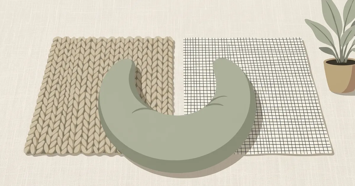 Close-up flat lay of two fabric swatches side by side on a light surface, one with a visible interlocked loop structure and one with a tight grid weave