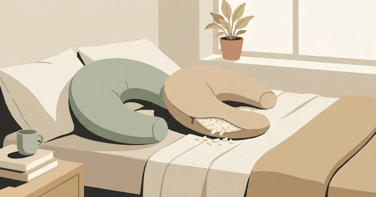 Two crescent body pillows side by side on a white linen bed, one showing exposed shredded foam fill through an open zipper