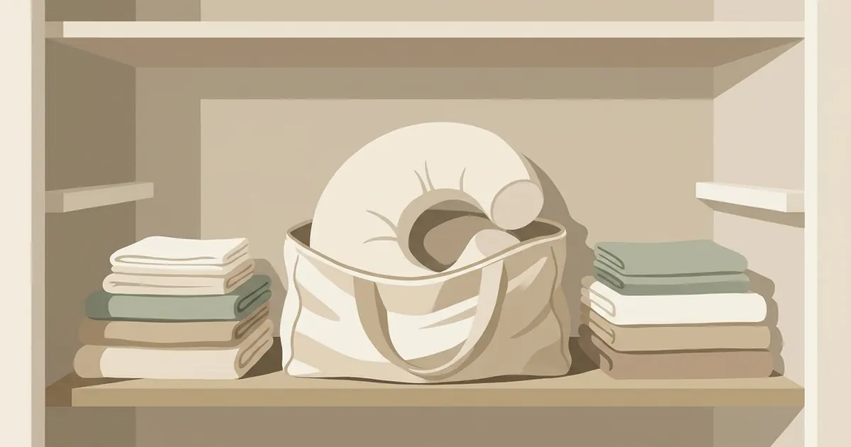 A clean white crescent body pillow in a breathable cotton storage bag sitting on a shelf in a tidy closet