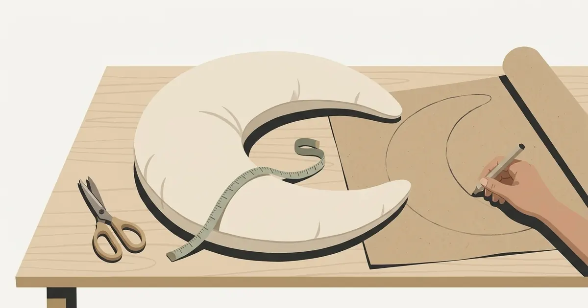 A flat crescent-shaped paper pattern laid over folded fabric on a cutting mat, with a tape measure and fabric scissors nearby
