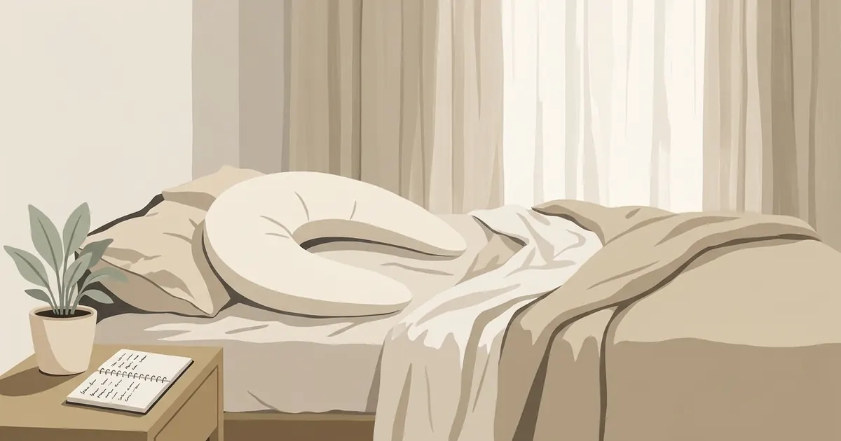 A person lying on their side in a dimly lit bedroom, a pregnancy pillow supporting their bump, with a notepad and pen on the nightstand