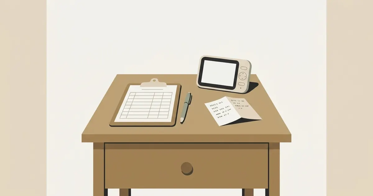A dimly lit bedroom nightstand with a handwritten checklist, a baby monitor, and a glass of water beside a made bed
