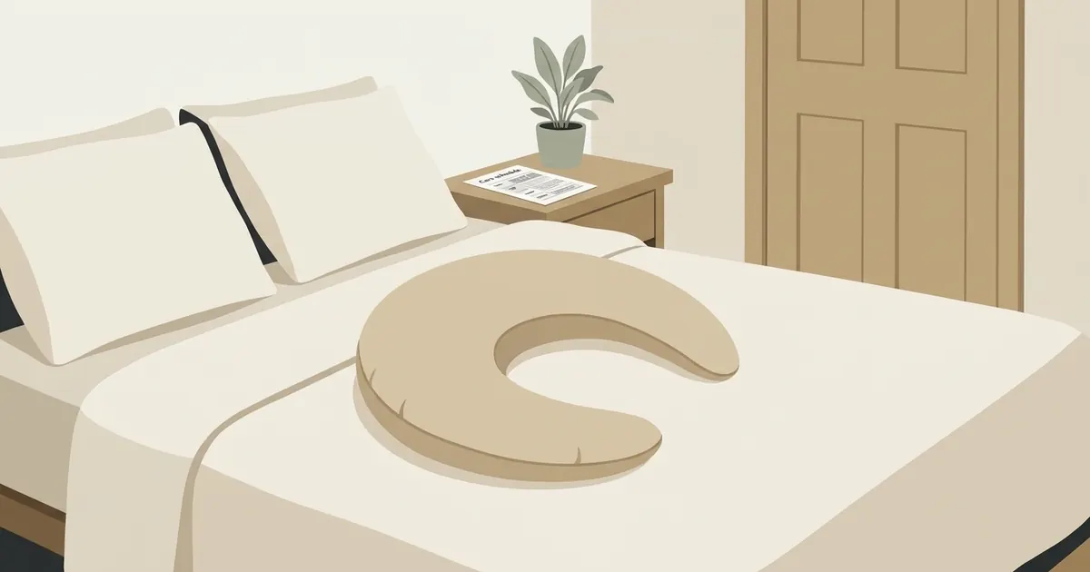 A tidy bedroom with a crescent body pillow on a made bed, a handwritten schedule on the nightstand, and a baby monitor nearby