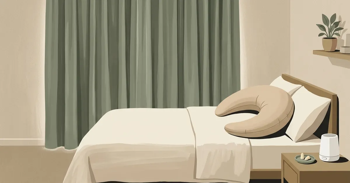 A bedroom with blackout curtains drawn, a crescent body pillow on the bed, and morning light visible at the curtain edges