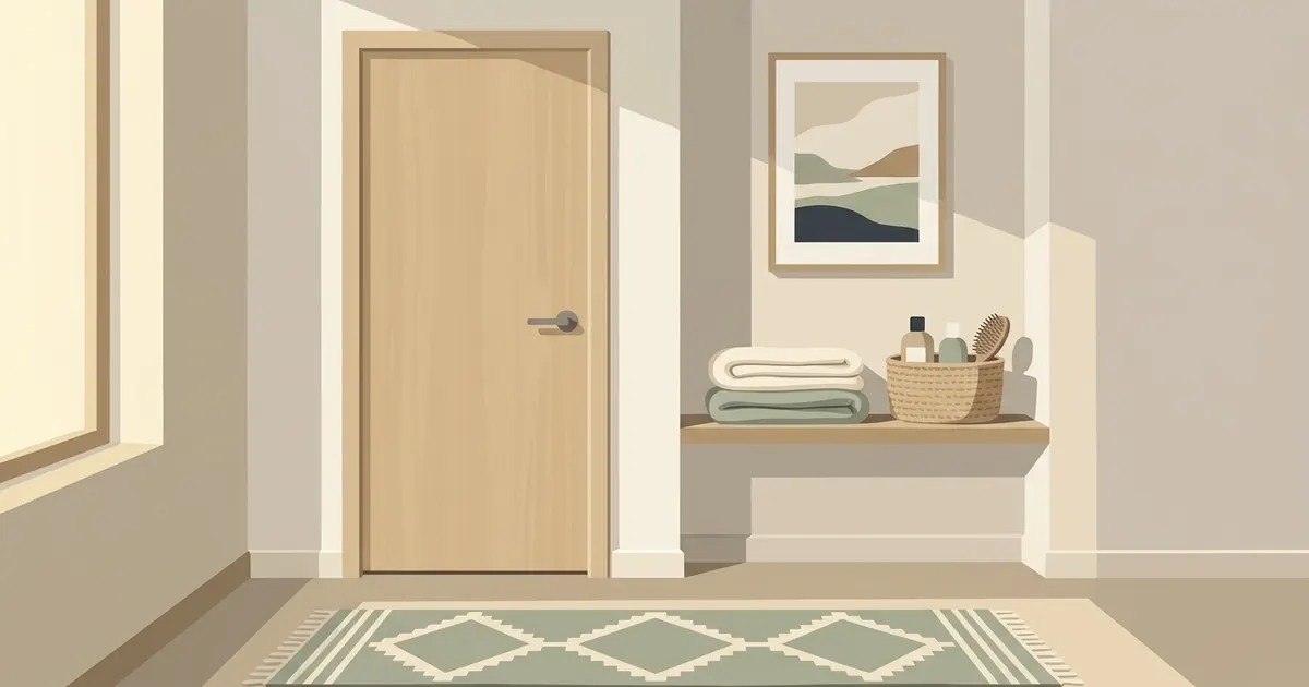 A tidy bedroom with a neatly made bed, a body pillow on one side, and a small overnight bag near the door suggesting a guest is expected