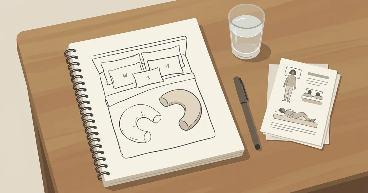 A pregnant person sitting at a desk writing notes in a notebook beside a simple hand-drawn sketch of a bed layout