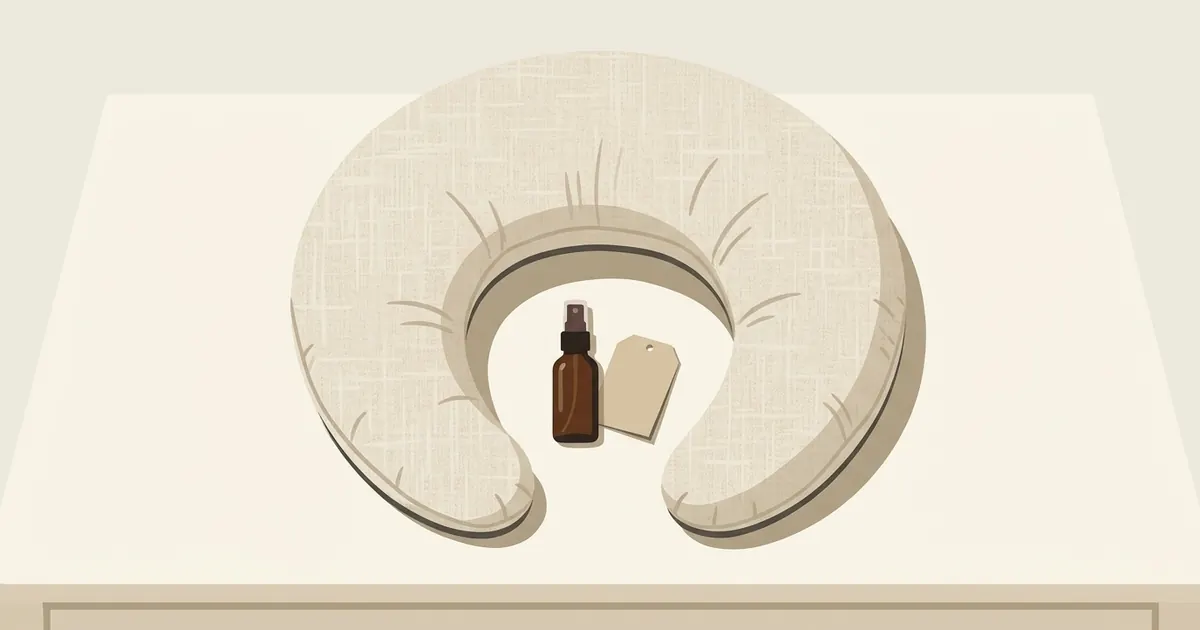 A dark glass spray bottle resting beside a crescent body pillow with a pale fabric cover, on a neatly made bed