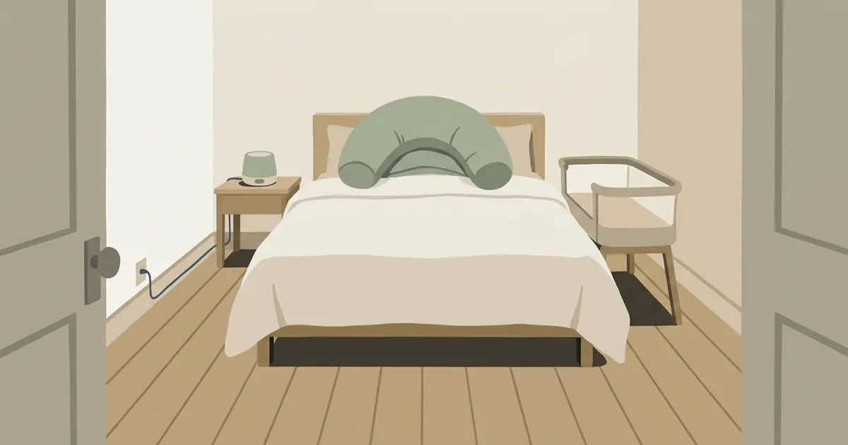 A tidy bedroom with a neatly made adult bed, a compact bassinet on one side, and a crescent body pillow stored against the wall away from the infant sleep area