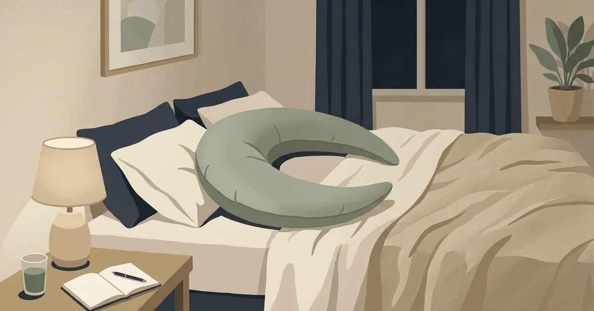 A softly lit bedroom at night with a crescent body pillow on an unmade bed and a notebook open on the nightstand