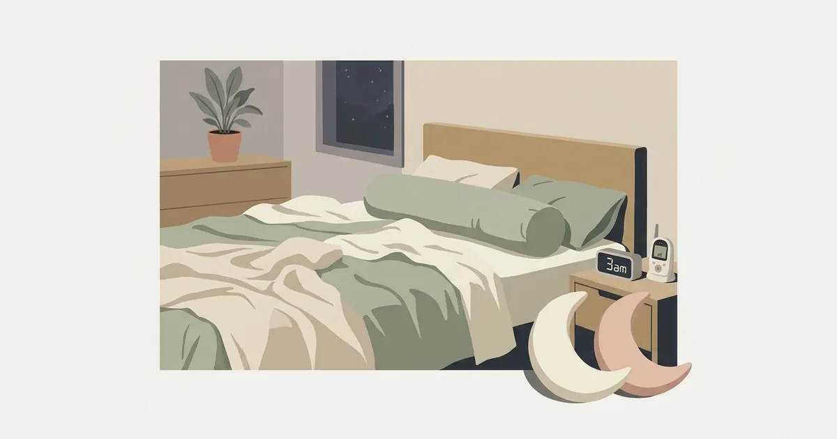 A dim bedroom at night with an empty pillow on a neatly made bed, a small lamp glowing, and a baby monitor on the nightstand