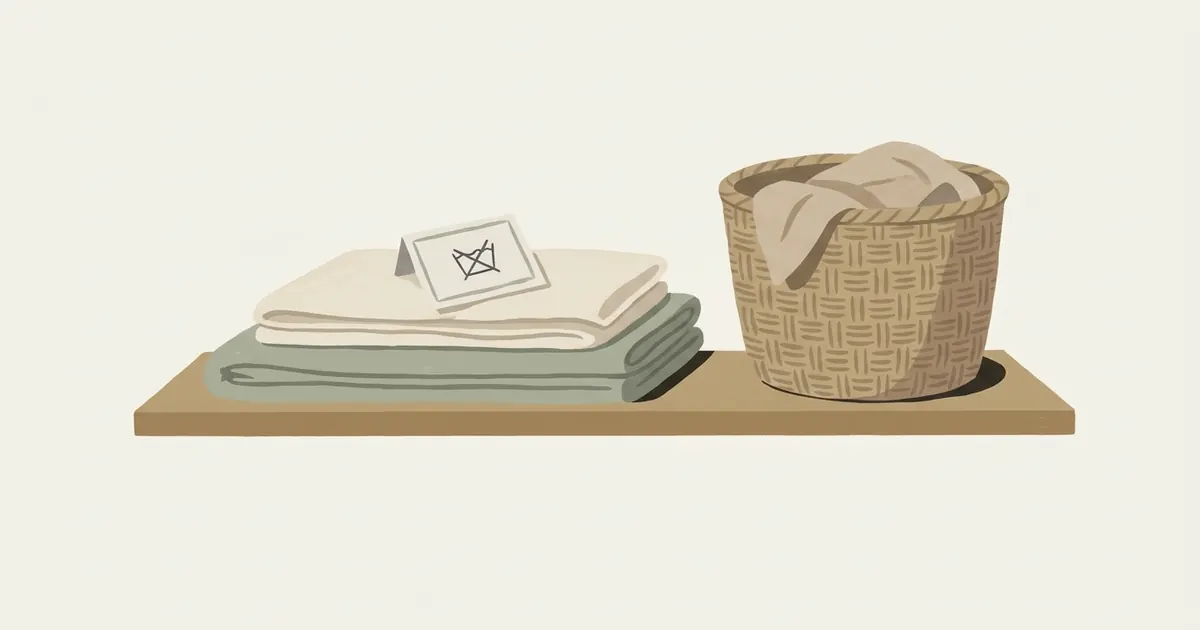 Folded clean bedding and a pillow cover stacked on a laundry shelf next to a printed care card